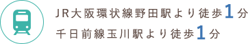 JR大阪環状線野田駅より徒歩1分 千日前線玉川駅より徒歩1分